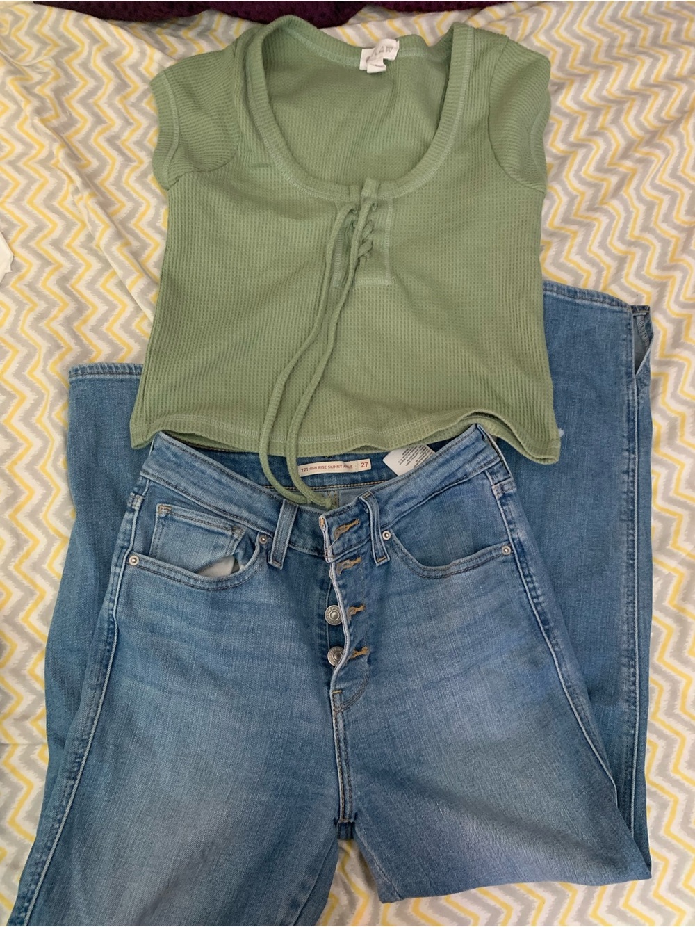 High-Rise Skinny Ankle Women’s Jeans - Light Blue and green olive top